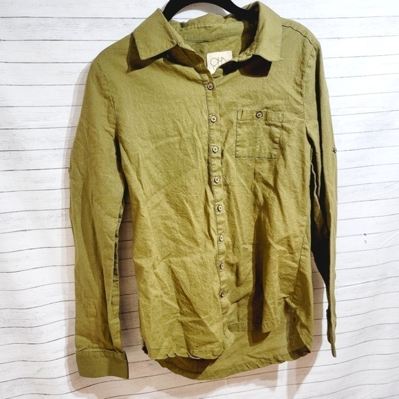 CHASER 55% LINEN BLEND OLIVE GREEN BUTTON UP, SZ SMALL - Picture 3 of 9